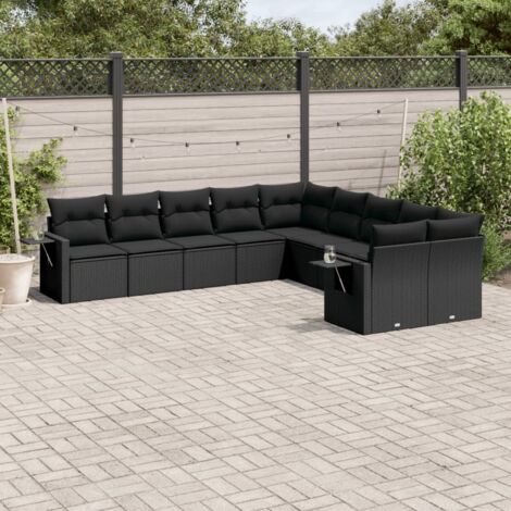 Ensemble Salon Jardin 10 Places Noir Résine Tressée avec Coussins - Canapé d'Angle, Central et Accoudoirs - Mobilier Extérieur Modulaire (1/5)