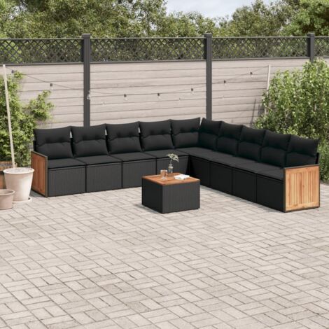 Ensemble Salon Jardin 10 Places Noir Résine Tressée avec Coussins - Table Acacia, Stockage Intégré, Modulaire (1/3)