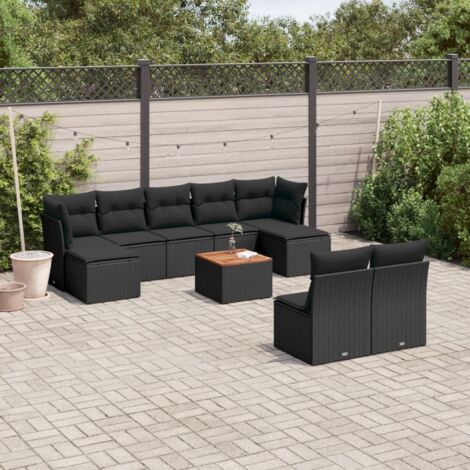 Ensemble Salon Jardin 10 Places Noir Résine Tressée avec Coussins - Table Acacia, Modulaire, Résistant aux UV (1/3)