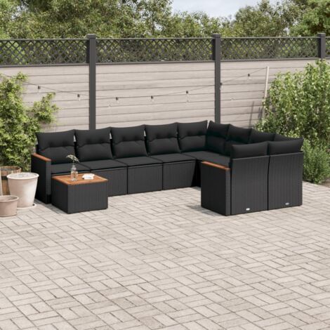 Ensemble Jardin 10 Places Résine Tressée Noir avec Coussins - Salon Extérieur Modulaire Acacia Stockage Intégré (1/3)