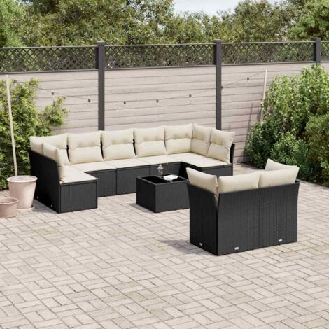 Ensemble jardin 10 places résine tressée noir avec coussins crème - Table verre trempé, rangement intégré (1/3)