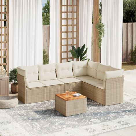 Salon de jardin 7 pièces en résine tressée beige avec coussins amovibles – table acacia et sièges modulaires (1/3)
