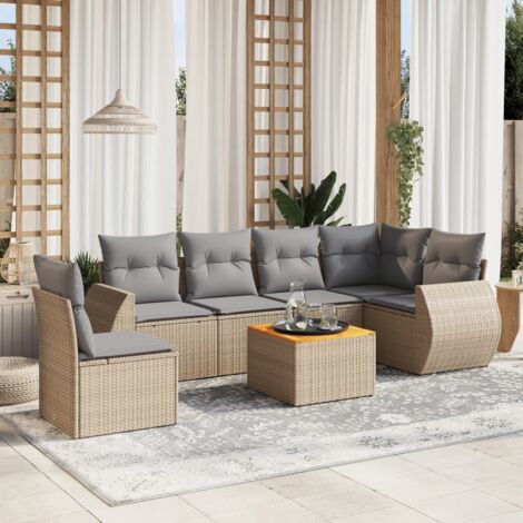 Canapé de jardin 7 pièces en résine tressée beige avec coussins gris – modulable, UV résistant, acacia massif (1/5)