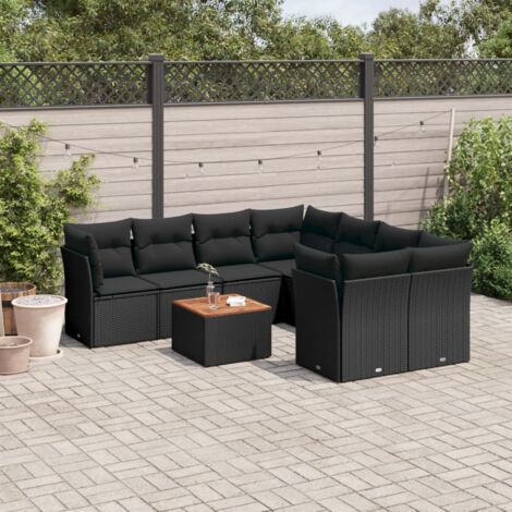 Ensemble Salon Jardin 9 Places Noir Résine Tressée - Canapés d'Angle et Central avec Coussins - Table Acacia - Mobilier Extérieur Modulaire (1/3)