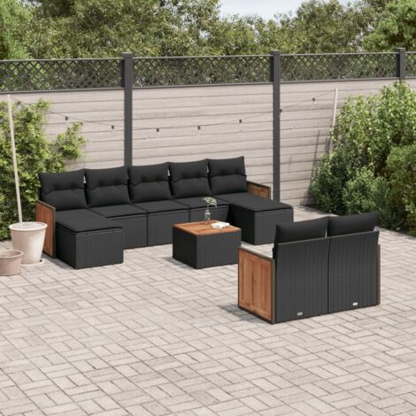 Ensemble Jardin 10 Places Noir Résine Tressée avec Coussins - Salon Extérieur Modulaire Acacia (1/5)