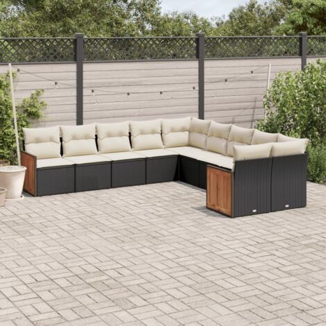 Ensemble de jardin 10 places en résine tressée noire avec coussins crème - Salon modulaire 10 pièces (1/5)