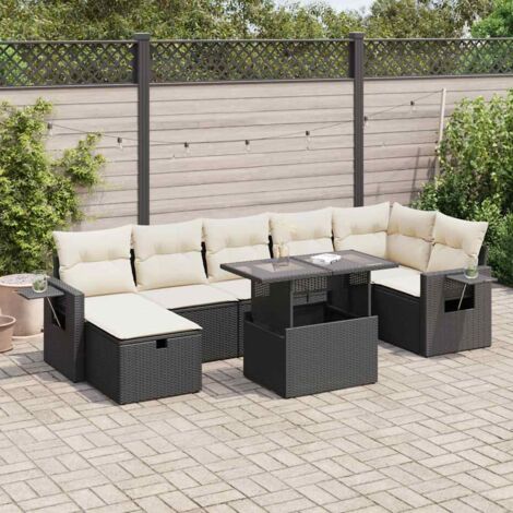 Ensemble Salon Jardin 8 Places Noir Résine Tressée avec Table et Coussins Crème - Mobilier Extérieur Modulaire avec Rangement (1/5)