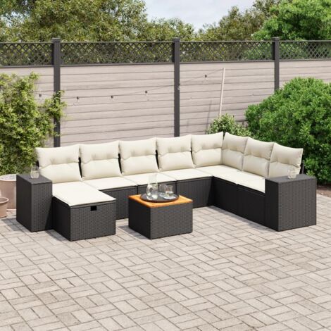 Salon de jardin 9 places en résine tressée noire avec coussins crème - Ensemble modulaire avec table en acacia (1/4)