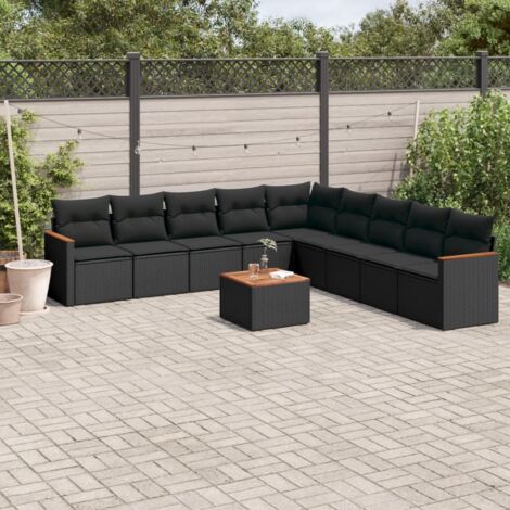Ensemble Jardin 10 Places Noir Résine Tressée avec Coussins - Salon d'Extérieur Modulaire en Polyrotin avec Table Acacia et Fonction Rangement (1/5)