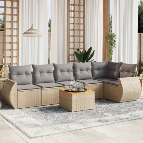 Canapé de jardin 7 pièces en résine tressée beige avec coussins lavables, table en acacia – salon modulaire extérieur (1/5)