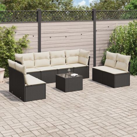 Ensemble de jardin 9 places en résine tressée noire avec table verre trempé et coussins crème - Salon extérieur modulaire (1/3)