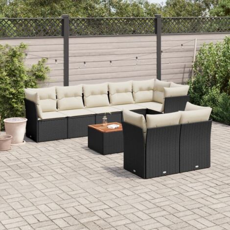 Ensemble de jardin 9 places en résine tressée noire avec table acacia et coussins crème - Salon extérieur modulaire 8 sièges (1/3)