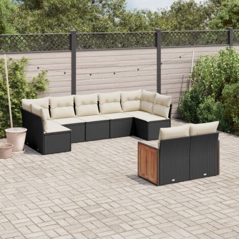 Ensemble de jardin 9 places en résine tressée noire avec coussins crème - Salon modulaire avec rangement et housses lavables (1/3)