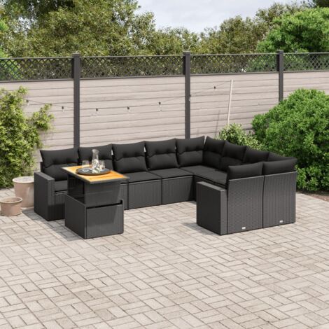 Ensemble jardin 10 places résine tressée noir avec table extensible et coussins déhoussables (1/3)