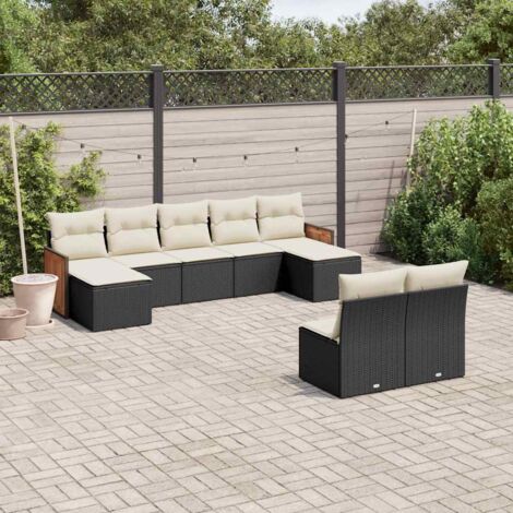 Salon de Jardin 9 Places en Résine Tressée Noire avec Coussins Crème - Ensemble Modulaire avec Espace de Rangement et Housse Lavable (1/3)
