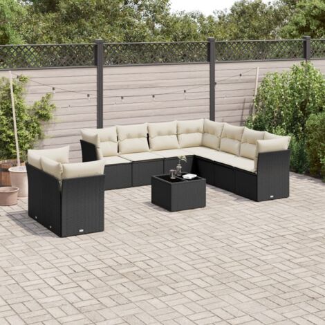 Ensemble Salon Jardin 10 Places Noir Résine Tressée avec Table Verre Trempé et Coussins Crème - Mobilier Extérieur Modulaire avec Rangement (1/3)