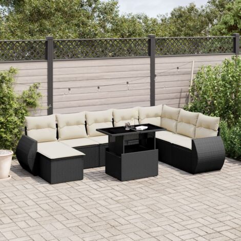 Ensemble Salon Jardin 9 Places Noir Résine Tressée avec Table Réglable et Coussins Détachables (1/5)