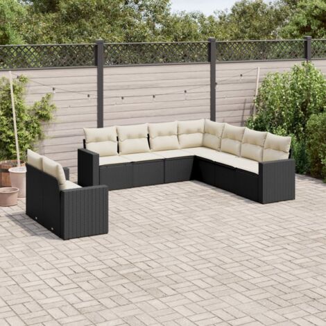 Ensemble Salon Jardin 9 Places Noir Résine Tressée avec Coussins Crème - Meuble Extérieur Modulaire (1/3)