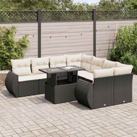 Ensemble Salon Jardin 9 Places Noir Résine Tressée avec Table Réglable et Coussins Crème - 8 Sièges Modulables avec Rangement Intégré (1/5)