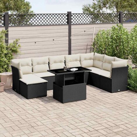 Salon de Jardin 9 Places en Résine Tressée Noir avec Table Réglable et Coussins Crème - Ensemble Modulaire 8 Sièges + 1 Repose-pieds (1/5)