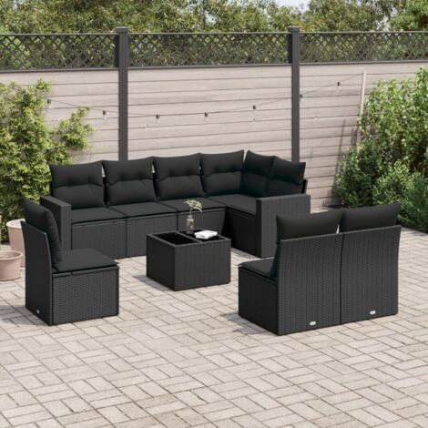 Ensemble Jardin 9 Places Noir Résine Tressée avec Table Verre Trempé et Coussins Lavables - Salon d'Extérieur Modulaire (1/3)