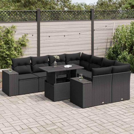 Salon de Jardin 9 Places en Résine Tressée Noire avec Table Réglable et Coussins - Ensemble Modulaire avec Rangement Intégré (1/5)