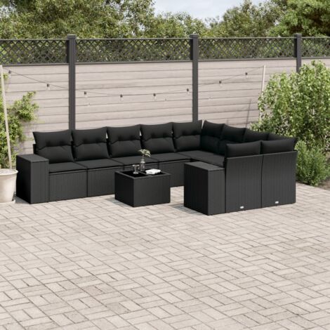 Ensemble Jardin 10 Places Noir Résine Tressée avec Table Verre Trempé et Coussins Lavables - Stockage Intégré et Design Modulaire (1/3)