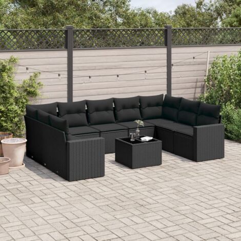 Ensemble Jardin 10 Places Noir Résine Tressée avec Table Verre Trempé et Coussins Lavables - Meuble Extérieur Modulaire avec Rangement Intégré (1/3)