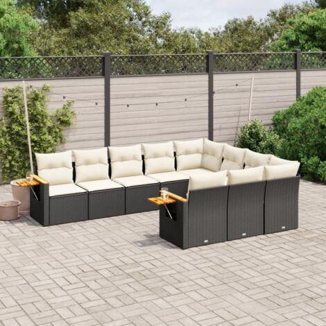 Ensemble Salon Jardin 10 Places Résine Tressée Noir avec Coussins Crème - Meuble Extérieur Modulaire avec Rangement et Accoudoirs Acacia (1/3)