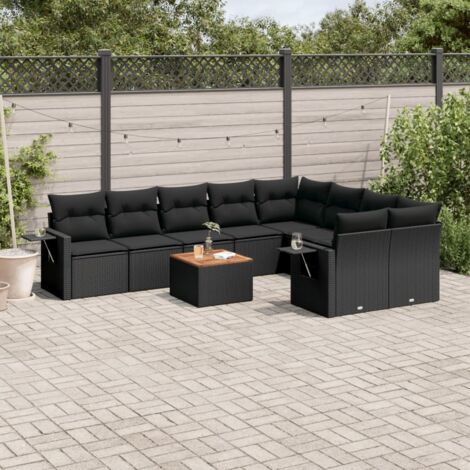 Ensemble de jardin 10 places en résine tressée noir avec coussins - Salon extérieur modulaire avec table acacia (1/5)