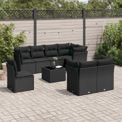 Ensemble salon jardin 9 places résine tressée noir avec table verre trempé et coussins lavables (1/3)