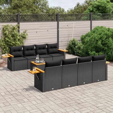 Ensemble de jardin 9 places noir en résine tressée avec coussins - Salon extérieur modulaire avec table acacia et repose-bras intégrés (1/5)