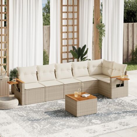 Canapé d'angle de jardin 7 pièces en résine tressée beige avec coussins crème, rangement intégré et table pliante (1/3)