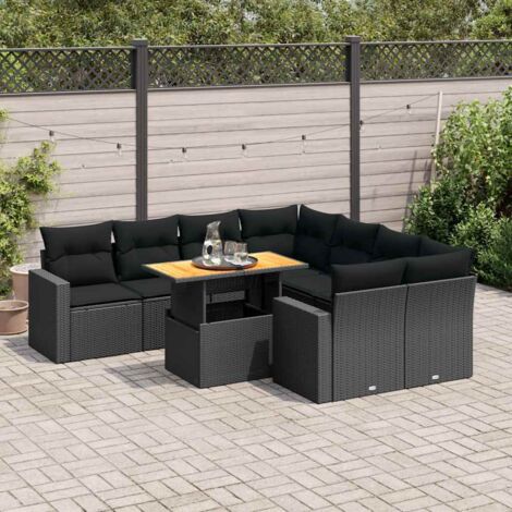 Ensemble jardin 9 places résine tressée noir avec table extensible acacia et rangements intégrés - Salon extérieur modulaire avec coussins lavables (1/5)