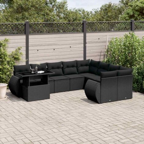 Ensemble de jardin 10 places en résine tressée noire avec table extensible et coussins déhoussables - Salon d'extérieur modulaire (1/5)