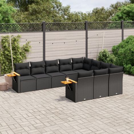 Ensemble Salon Jardin 10 Places Noir Résine Tressée avec Coussins - Meuble Extérieur Modulaire Polyrotin (1/5)