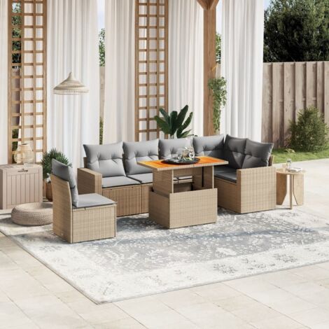 Canapé de jardin 7 pièces en résine tressée beige avec coussins gris – table réglable et design modulaire (1/3)
