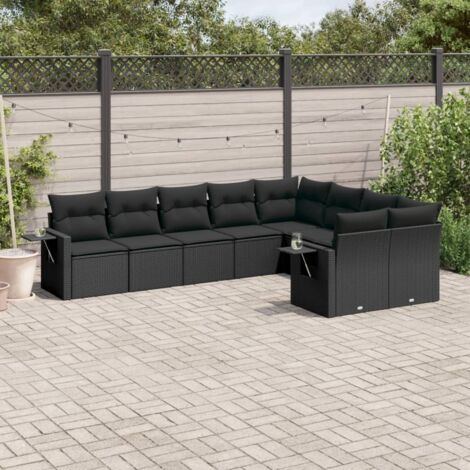 Ensemble de jardin 9 places en résine tressée noire avec coussins - Salon extérieur modulaire avec tables d'appoint (1/5)