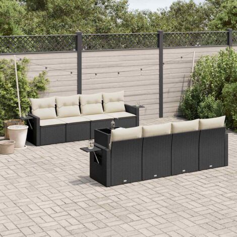 Ensemble Salon Jardin 9 Places Noir Résine Tressée avec Coussins Crème - Mobilier Extérieur Modulaire avec Rangement et Table (1/3)