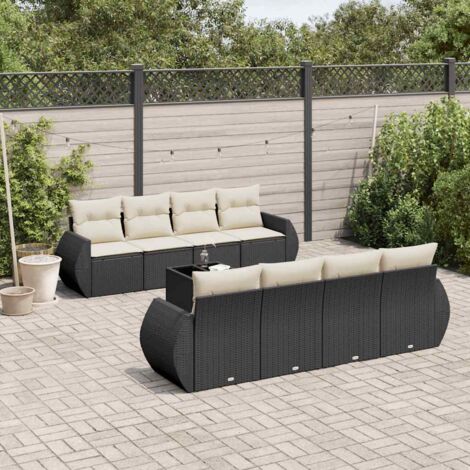 Ensemble de jardin 9 places en résine tressée noire avec table en verre et coussins blanc crème, rangement intégré (1/3)
