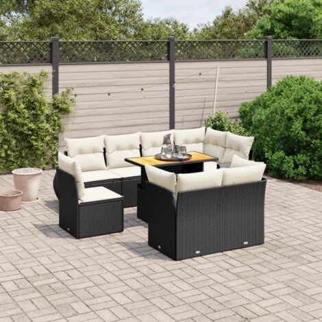 Ensemble de jardin 9 places en résine tressée noir avec coussins - Table extensible acacia - Meuble extérieur modulaire (1/3)