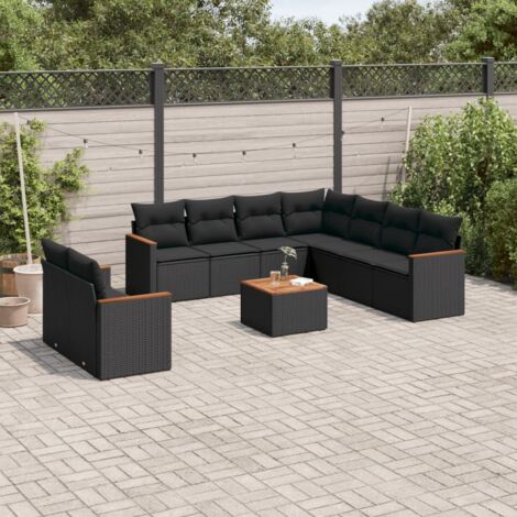 Ensemble Jardin 10 Places Noir Résine Tressée avec Coussins - Salon Extérieur Modulaire Acacia (1/5)