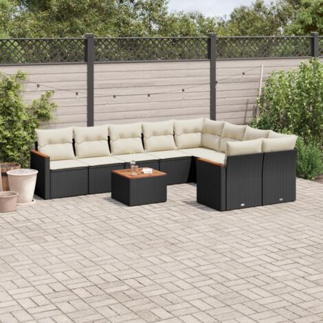 Ensemble Jardin 10 Places Noir Résine Tressée avec Coussins Crème - Table Acacia, Stockage Integré, Modulaire (1/3)