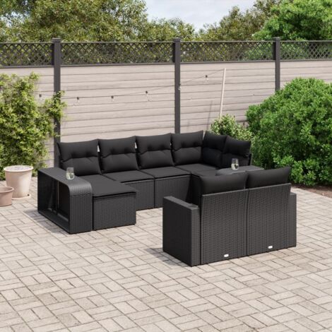 Ensemble jardin 10 places résine tressée noir avec coussins - Salon extérieur modulaire 8 coussins amovibles lavables (1/5)