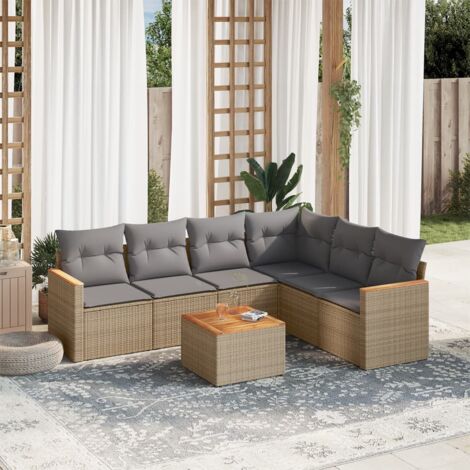 Salon de jardin 7 pièces en résine tressée beige avec coussins gris – table acacia, sièges modulaires, rangement intégré (1/3)