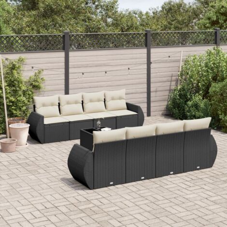 Salon de Jardin 9 Pièces Noir Résine Tressée avec Table Verre Trempé et Coussins Crème - Ensemble Modulaire Jardin Terrasse (1/5)