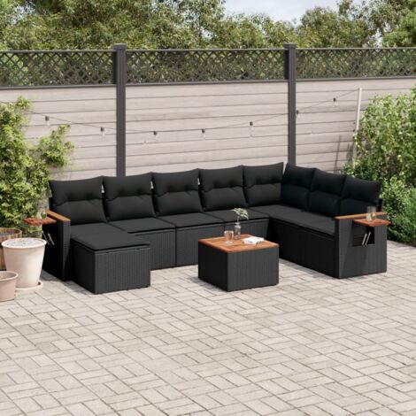Ensemble Salon Jardin 9 Places Résine Tressée Noir avec Coussins - Table Acacia et Mobilier Modulaire Extérieur (1/5)
