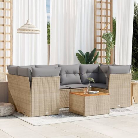 Salon de jardin 7 pièces en résine tressée beige avec coussins gris – table acacia, sièges modulaires, charge 110 kg (1/3)