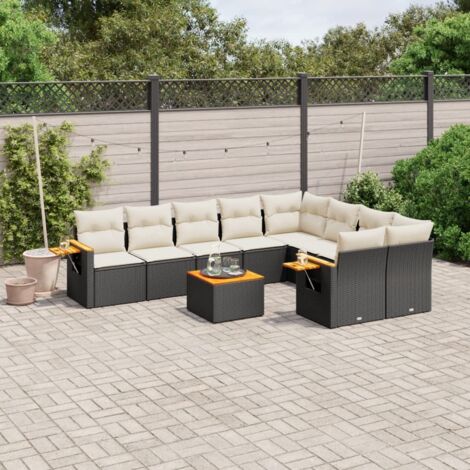Ensemble Salon Jardin 10 Places Noir Résine Tressée avec Table Acacia et Coussins Détachables (1/5)