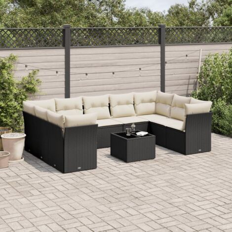 Ensemble jardin 10 places noir résine tressée avec table verre trempé et coussins crème - 5 sièges centraux + 4 coins + 1 table (1/5)